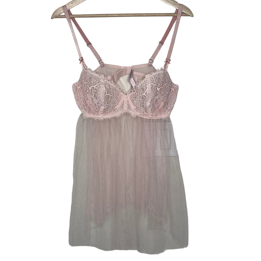 Victoria's Secret Pink Lace Underwire Babydoll Mesh Slip Lingerie XL NWT‎